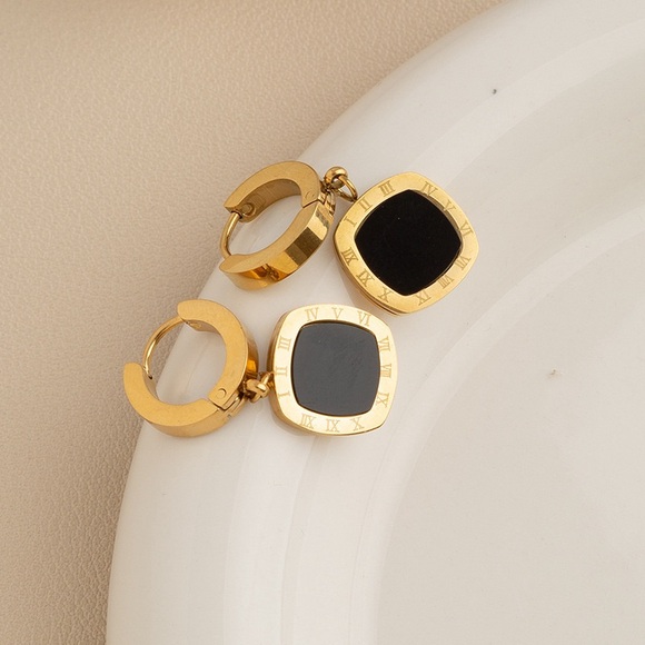 18K Gold Plated Mini Hoop Earrings*Square Drop Earrings*Roman Numero*AR - Picture 1 of 5